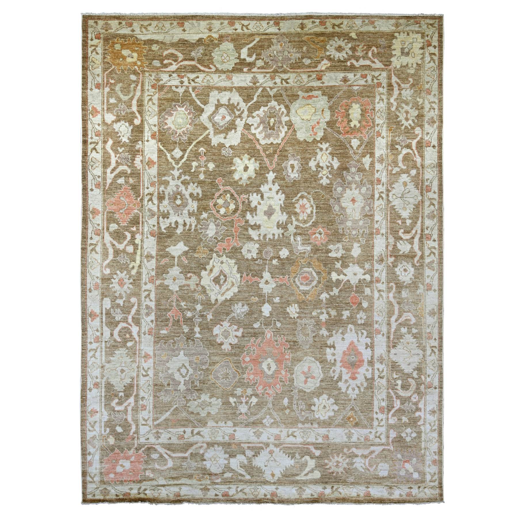 Peanut Brown, Hand Knotted, 100% Wool, Afghan Angora Oushak with All Over Leaf Design, Vegetable Dyes, Oriental Rug